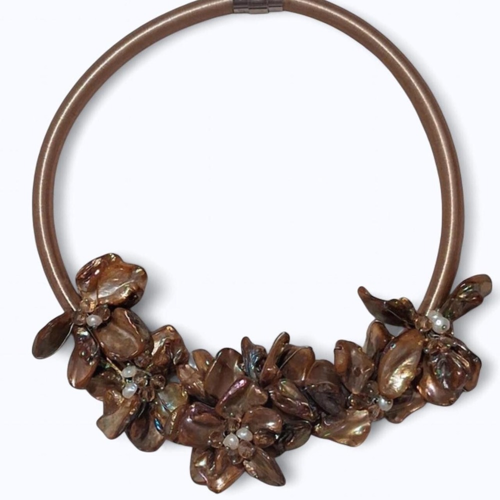 Bronze‎ Shell Flower Statement Collar Necklace Iridescent Copper Floral Torque